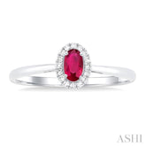 5x3 MM Oval Shape Ruby and 1/20 Ctw Single Cut Diamond Halo Precious Ring in 14K White Gold
